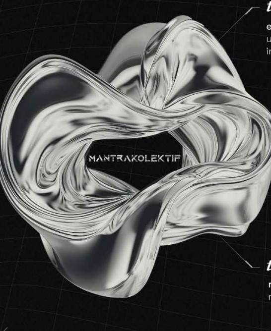 Chrome sculpture with the Mantra Kolektif wordmark